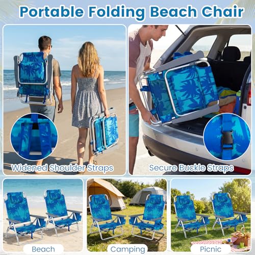 COSTWAY Portable Folding Backpack Beach Chairs Set of 2 with 5-Position Backrest, Padded Headrest, Cup Holder & Ice Bag for Lawn, Poolside (Coconut Blue) - color: Coconut Blue