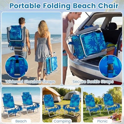 COSTWAY Portable Folding Backpack Beach Chairs Set of 2 with 5-Position Backrest, Padded Headrest, Cup Holder & Ice Bag for Lawn, Poolside (Coconut Blue) - color: Coconut Blue
