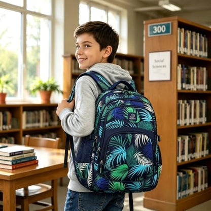 MYGOO Boys School Backpack Grove Foliage Black Bookbag for Elementary Middle School Ages 5-12, 17 inch Large Capacity 24L Kids Student Travel Bags - color: Grove Foliage Black