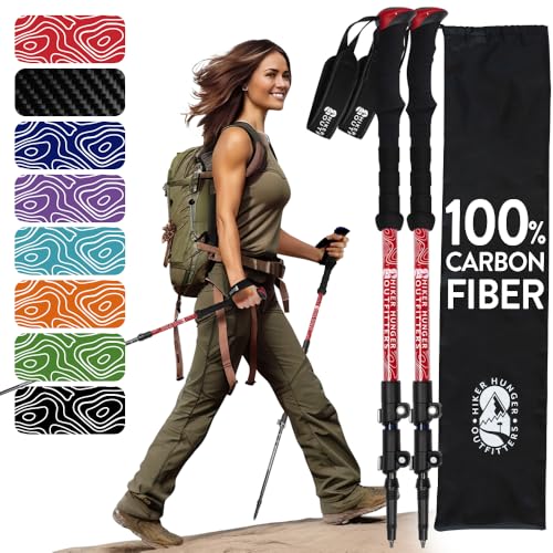 100% Carbon Fiber Trekking Poles by USA Brand - Ultra Strong Lightweight Collapsible Hiking Poles with Cork and EVA Foam Grips & Quick Adjustable Flip Locks - color: EVA Foam - Red