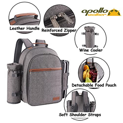 Apollo Walker Picnic Backpack Set for 2 Person with Cooler Compartment, Detachable Bottle/Wine Holder, Fleece Blanket, Plates and Cutlery Set - color: Lightgrey, size: 2 Person