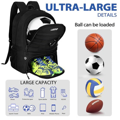 LARIPOP Soccer Backpack with Ball Holder & Shoe Compartment Large Capacity Sports Bag for Training - color: black