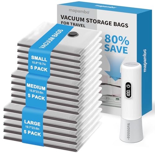 Mapambo Travel Vacuum Bags with -60000Pa LED Electric Pump, 15 Pack Vacuum Seal Bags for Clothing Travel in 3 Combo sizes, Space Saver Vacuum Storage Bags, Saving up to 80% of Space (15 Combo-Size)