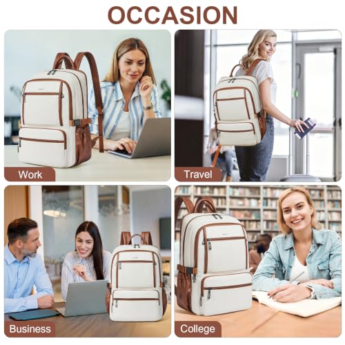 Shrrie 17 Inch Laptop Backpack Purse for Women with Giant Tumbler Holders | Vegan Leather Backpack with Large Water Bottle Pocket,Work Travel Business College Teacher Nurse,35L Large Capaity - color: Beige With Brown