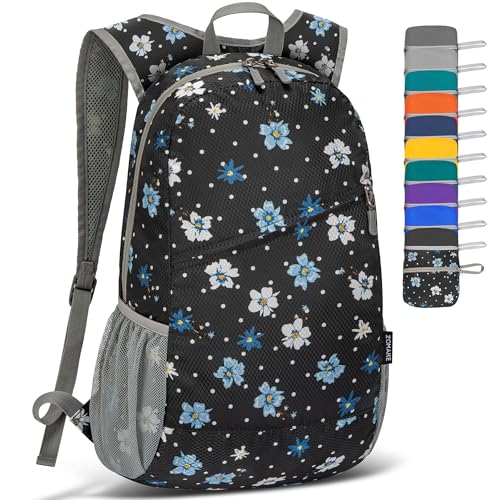 ZOMAKE Lightweight Packable Backpack 20L,Foldable Backpacks Small Daypack for Hiking Water Resistant Day Bag for Travel(Black, White Polka Dot Floral) - color: Black, White Polka Dot Floral
