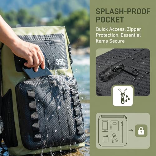 100% Waterproof Roll-Top Dry Bag Backpack with Front Splash-Proof Pocket, Lightweight Floating Pack for Kayaking, Hiking & Travel,35L (Green-black) - color: Green-black