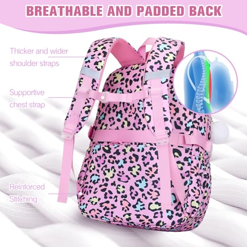 Bevalsa Backpack for Girls 3PCS Teen Girls Pink Backpack for School with Lunch Bag Pencil Case Cute Kids Laptop Backpacks Bookbag for Elementary Middle High School College Student (Leopard) - color: Pink Leopard