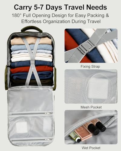 Travel Backpack for Women & Men, Carry On Personal Item Bag Flight Approved, Large Waterproof Laptop Backpack for Travel, Overnight, College & Commuting Green-Beige - color: Green/Beige