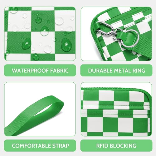 FODOKO Wristlet wallets for women Nylon Quilted Wallet with 4 Zippers,Travel Credit Card,Holder Cell Phone Organizer - color: Greener