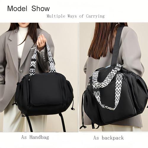 Tote Bag Large Capacity Lightweight Backpack with 15 Pockets Nylon Shoulder Bag for Car Travel Mother Bag - color: Black