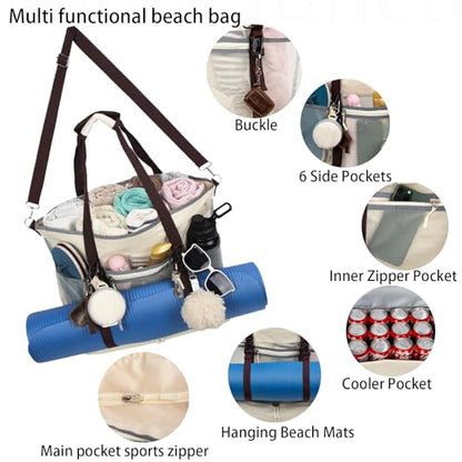 Mesh Beach Bag with Cooler Large Travel Family Vacation Essentials Pool Swimming Zipper Pocket Durable 9 Pockets - color: Beige