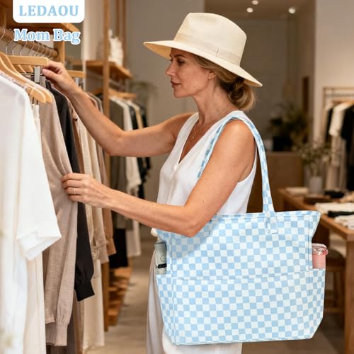 LEDAOU Beach Bag Waterproof Sandproof Women Beach Tote Pool Bag with Zipper for Swim Gym Grocery Travel with Wet Pocket | Sandproof - color: Checkered-blue