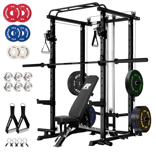 RitFit Multi-Function Garage & Home Gym Package Includes 1200LBS Power Cage PPC03/P3 with Cable Crossover System, Weight Bench, Olympic Barbell Weight Set, Full Body Workout - color: Black, style: Package 1.7K (with FBP 230lbs Plates)