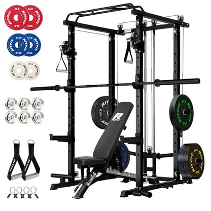 RitFit Multi-Function Garage & Home Gym Package Includes 1200LBS Power Cage PPC03/P3 with Cable Crossover System, Weight Bench, Olympic Barbell Weight Set, Full Body Workout - color: Black, style: Package 1.7K (with FBP 230lbs Plates)