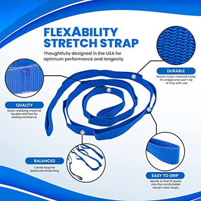 RangeMaster Stretch Strap with Exercise Guide│ Versatile Multi-Loop Strap Perfect for Yoga, Pilates, and Physical Therapy │ Portable │ Helps Improve Flexibility - color: Blue