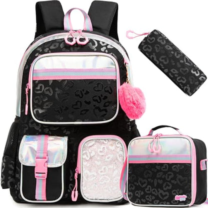 Meetbelify Aesthetic Backpack for Girls with Lunch Box - Elementary to Teen, Cute Bookbag for Kids 8-10 - color: 3pcs Black Love