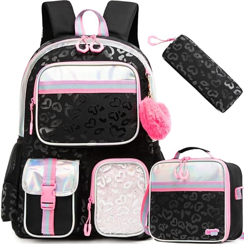 Meetbelify Aesthetic Backpack for Girls with Lunch Box - Elementary to Teen, Cute Bookbag for Kids 8-10 - color: 3pcs Black Love