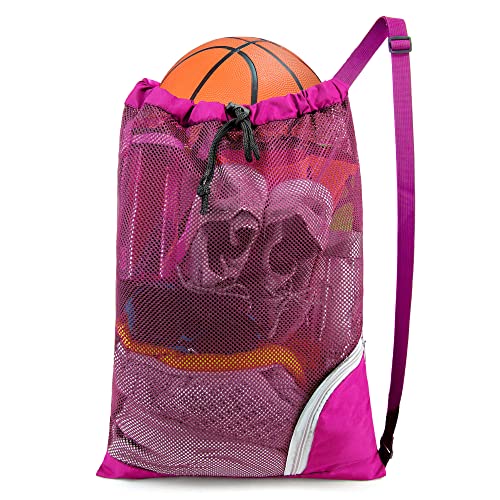 BeeGreen Mesh Drawstring Bag Swim Backpack for Beach Pool Sports Gym Draw String Cinch Bags for Swimming Soccer Basketball Gear Rose Red - color: Rose Red, style: Mesh Bag