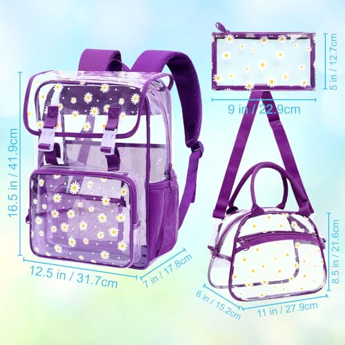 3Pcs Clear Backpack for School, Girls Kids Transparent Bookbag Set, 17" Daisy Stadium Approved See Through Backpack with Lunch Box (Deep Purple) - color: Purple Dasiy