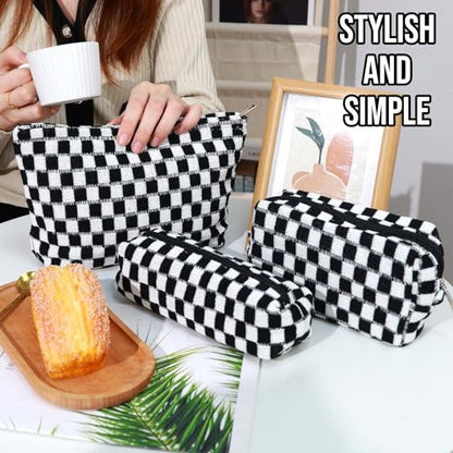 3 Pcs Makeup Bag Cosmetic Bag Set for Girls Women Checkered Travel Organizer Bathroom Toiletry Pouch Large Capacity Storage Bag (Black-White) - color: Black-White