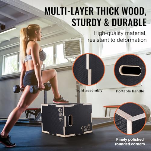 VEVOR 3 in 1 Plyometric Jump Box, Easy-to-Assemble Wood Plyo Box for Jumping Trainers, Home Gym Training and Conditioning - style: 16" x 14" x 12"
