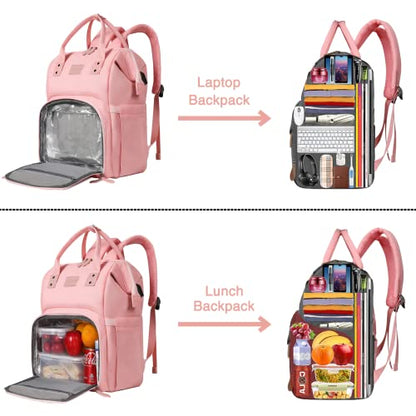 Women's Insulated Laptop Backpack Lunch Cooler Bookbag with USB Port for Women (15.6/14/13 Inch Laptop), Gift For Her - color: Pink-15.6inch
