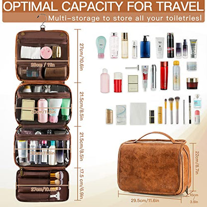 Elviros Hanging Toiletry Bag for Men Travel Essentials 3-in-1 Large Waterproof Dopp Kit PU Leather Shaving Bag with Separate Compartments for Grooming and Toiletries Mens Gift - color: Brown