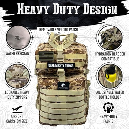 AMERICANPHOENIX 45L Elite Tactical Backpack | 3X Stronger Work & Military Backpack | Water Resistant and Heavy Duty | 3 Day MOLLE Bug Out Bag (Sand Storm) - color: Sand Storm