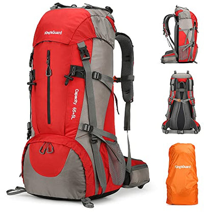 King'sGuard 70L Hiking Backpack with Rain Cover Lightweight Waterproof Travel Camping Backpack Large Backpacking Pack - color: Red