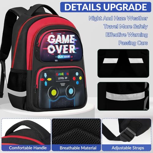 School Backpack for Boys - 3pcs Gamer Boys Backpack with Lunch Box Set for Kids Teens Elementary Middle School - 17″ Video Game Bookbag Travel Back Pack for Age 6-18 - color: Gamer Red-backpack Set