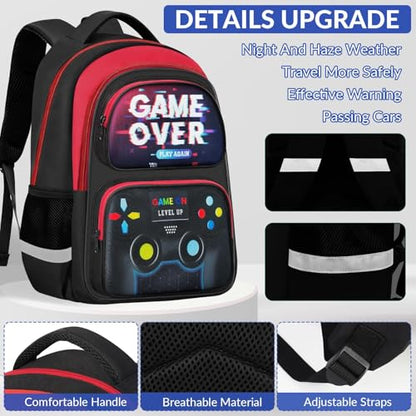 School Backpack for Boys - 3pcs Gamer Boys Backpack with Lunch Box Set for Kids Teens Elementary Middle School - 17″ Video Game Bookbag Travel Back Pack for Age 6-18 - color: Gamer Red-backpack Set