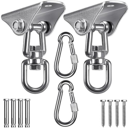 SELEWARE Swing Hangers Stainless Steel Swing Hooks Swivel Swing Mount Hardware w/Carabiners for Porch Swing Sets Hammock Chair Heavy Bag Yoga Silk Suspension Straps 1000 LB Capacity Each 2 Pack - color: Silver-360° Swing Hanger With Carabiners (2 Pack)
