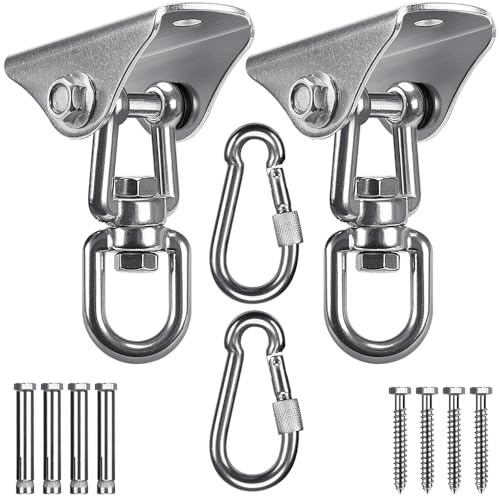 SELEWARE Swing Hangers Stainless Steel Swing Hooks Swivel Swing Mount Hardware w/Carabiners for Porch Swing Sets Hammock Chair Heavy Bag Yoga Silk Suspension Straps 1000 LB Capacity Each 2 Pack - color: Silver-360° Swing Hanger With Carabiners (2 Pack)