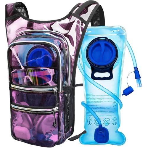 Mothybot Hydration Backpack Pack, Water Backpack 20L Capacities Included 2L Hydration Bladder, Festival Essential - Rave Hydration Pack Hydropack Hydro for Hiking, Festival Gear - color: Transparent Purple