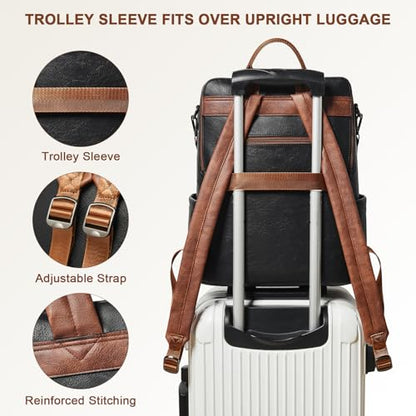 Shrrie Laptop Backpack for Women 15.6 inch,Travel Leather Backpack Purse Nurse Teacher Carry on Backpack Computer Bag,Professional Water-Resistant College Business Work Casual Daypack,Black with Brown - color: Black With Brown
