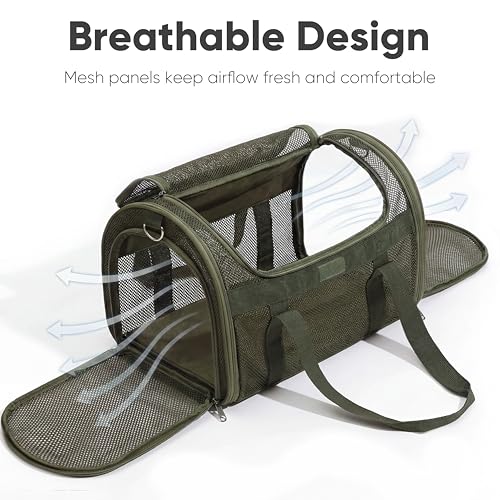FUKUMARU Cat Carrier, Light & Airy Pet Carrier, 18x11x11 Airline Approved Dog Carrier for Small Dogs, 2-in-1 Shoulder Strap Leash, Collapsible Soft Cat Travel Carrier with Anti-Scratch Mesh, Green - color: Green