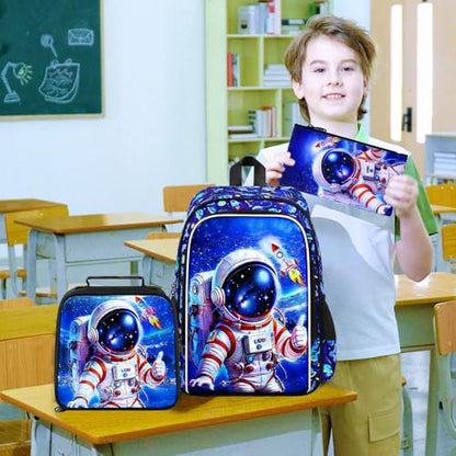 HPJGD 3PCS Astronaut Bookbag for Boys, Water Resistant Kids Backpack Set with Lunch Box, Cool School Bag for Elementary Preschool Toddler - Thumbs-Up Astronaut - color: Cool Uv Printed Thumbs-up Astronaut Blue
