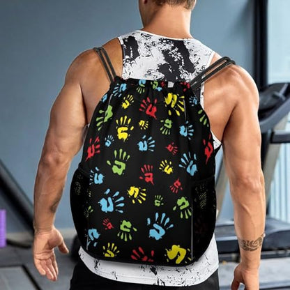 Hand Print Drawstring Backpack Gym Bag With Shoe Compartment String Bag Sport Beach Swimming Sackpack For Women Men - color: Hand Print
