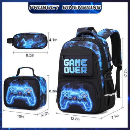 Scothen 3PCS Boys Backpack Set, Cool Backpack for Boys with Lunch Bag & Pencil Case, Kids School Bag Teen Boy Bookbag for Kindergarten Elementary Middle School with USB Charging Port - color: Blue Flame