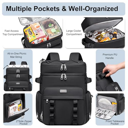 Weitars Insulated Cooler Backpack,Double Deck Waterproof Soft Cooler Bag,Backpack Coolers Leak Proof Lunch Backpack for Men Women for Travel,Camping,Picnic,Beach,Picnic,Outdoor 31L/52 Can - color: Black