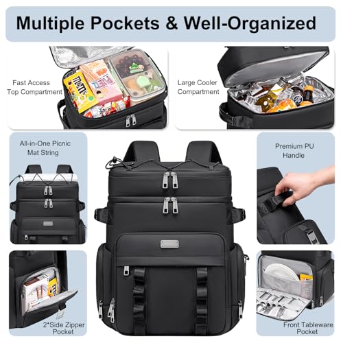 Weitars Insulated Cooler Backpack,Double Deck Waterproof Soft Cooler Bag,Backpack Coolers Leak Proof Lunch Backpack for Men Women for Travel,Camping,Picnic,Beach,Picnic,Outdoor 31L/52 Can - color: Black