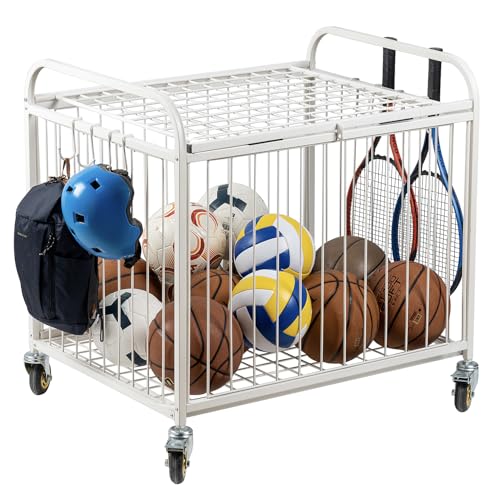 MyGift Large Capacity Metal Rolling Multi Sports Ball Cage Storage Hopper, Gym Equipment Basket Cart with Lockable Latch, Heavy Duty Caster Wheels, and 8 Accessory Hooks - color: White