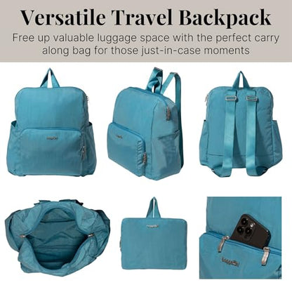 Carryall Packable Lightweight Travel Backpack 14x11" Folding Compact Nylon Washable Weekender Daypack w/Luggage Sleeve - color: Seaside Blue