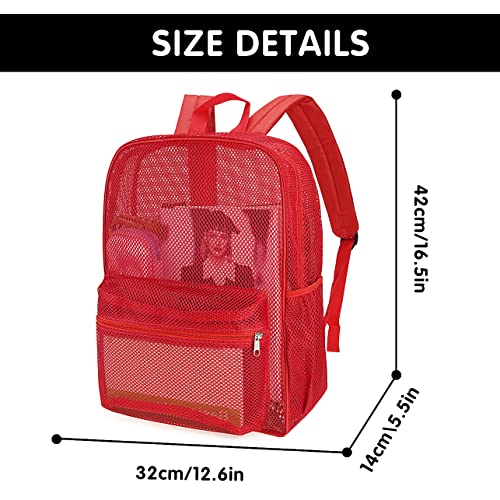 MCWTH Heavy Duty Mesh Backpack, See Through School College Student Mesh Bookbag (Red) - color: Red