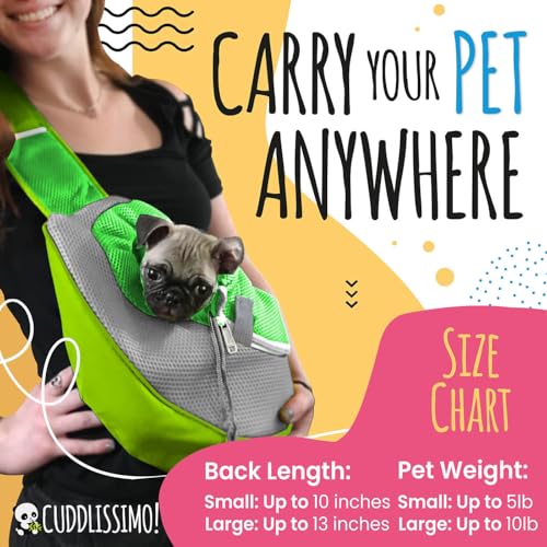 Cuddlissimo! Pet Sling Carrier - Small Dog Puppy Cat Carrying Bag Purse Pouch - for Pooch Doggy Doggie Yorkie Chihuahua Baby Papoose Bjorn - Hiking Travel Front Chest Body Holder Pack to Wear (Green) - color: Lime Green