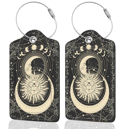 2Pack Luggage Tags for Suitcases, Cute Unique Pu Leather Cruise Luggage Tag with Privacy Cover ID Label Address Card and Metal Ring Suitable for Women Men Kids Travel Bag Sun and Moon Face - color: Sun and Moon Face