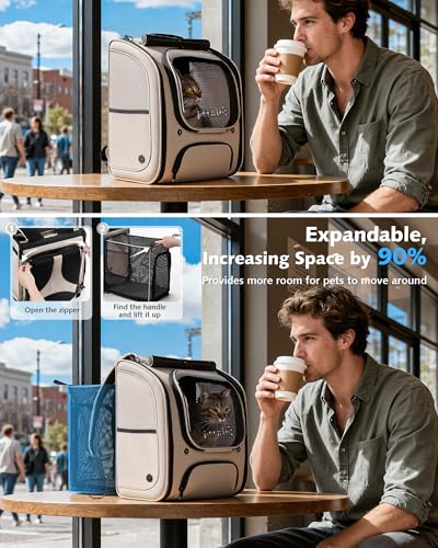 Pecute Cat Backpack Carrier Expandable, Large Space Cat Bubble Backpack, Breathable Cat Carrier, Shaded Dog Backpack Carrier for Travel, Hiking, Vet,12.6" L x 10.2" W x 16.5" H, Khaki - color: Khaki(Expandable)