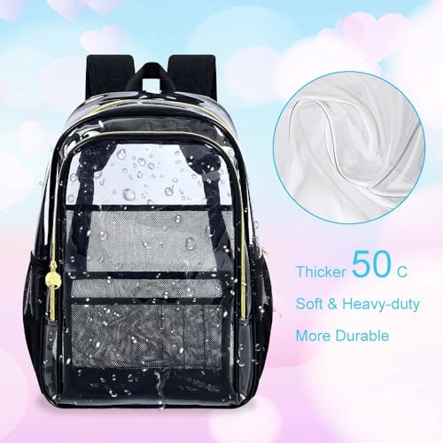gxtvo Clear Backpack, Heavy Duty Transparent Bookbag, See Through Backpacks for Women Men | Heavy Duty - color: Chic Black Clear Backpack