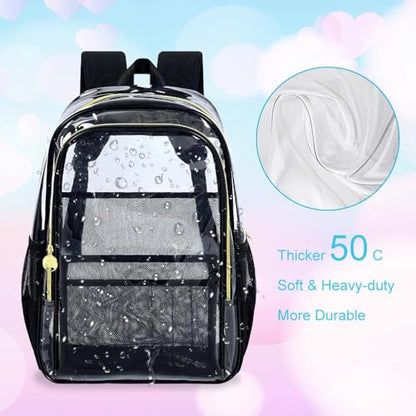 gxtvo Clear Backpack, Heavy Duty Transparent Bookbag, See Through Backpacks for Women Men | Heavy Duty - color: Chic Black Clear Backpack