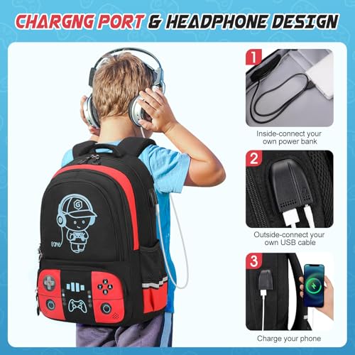 Bevalsa Backpack for School Boys,Cool Luminous Gamer Boys Backpacks with Wired Headphones Lunch Box Pencil Case,Kids Schoolbag for Teens Kindergarten Elementary School(Red Backpack with Headphones) - color: Red, style: Backpack With Headphones